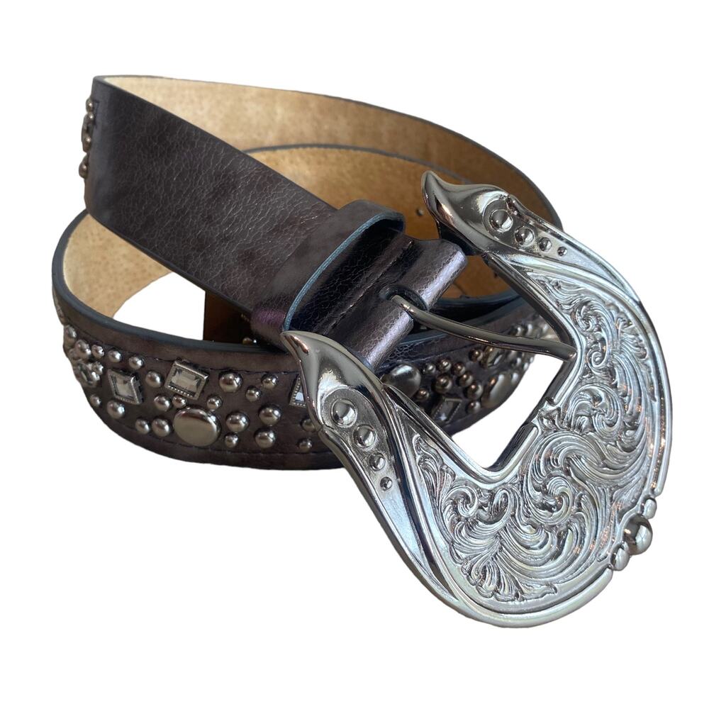 Women's Western Studded Silver Rhinestone Leather Belt M